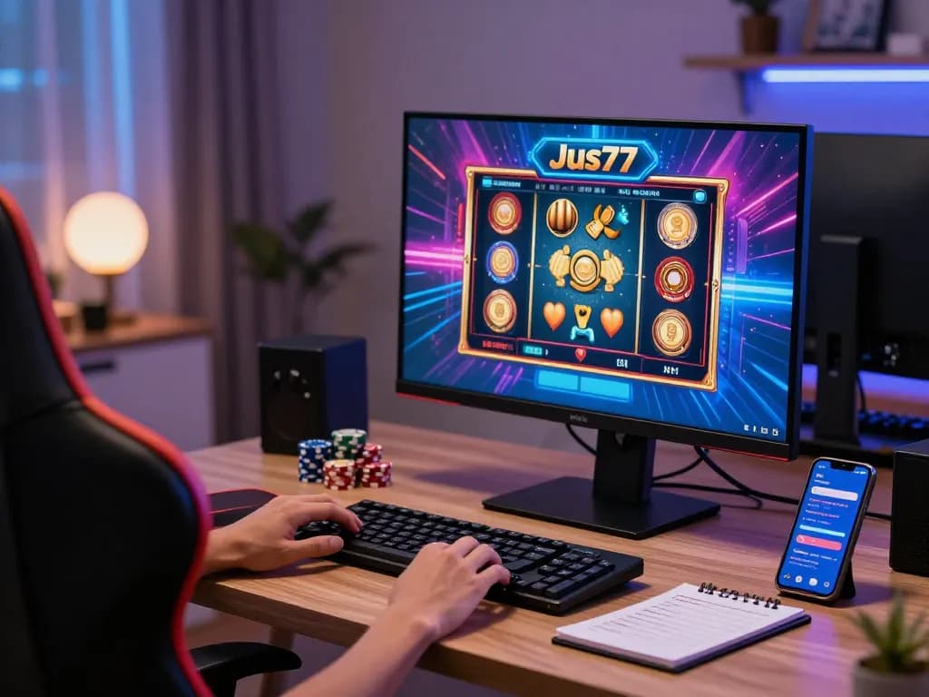 Engaged player exploring jus77 slot game on a sleek home office setup with poker chips.