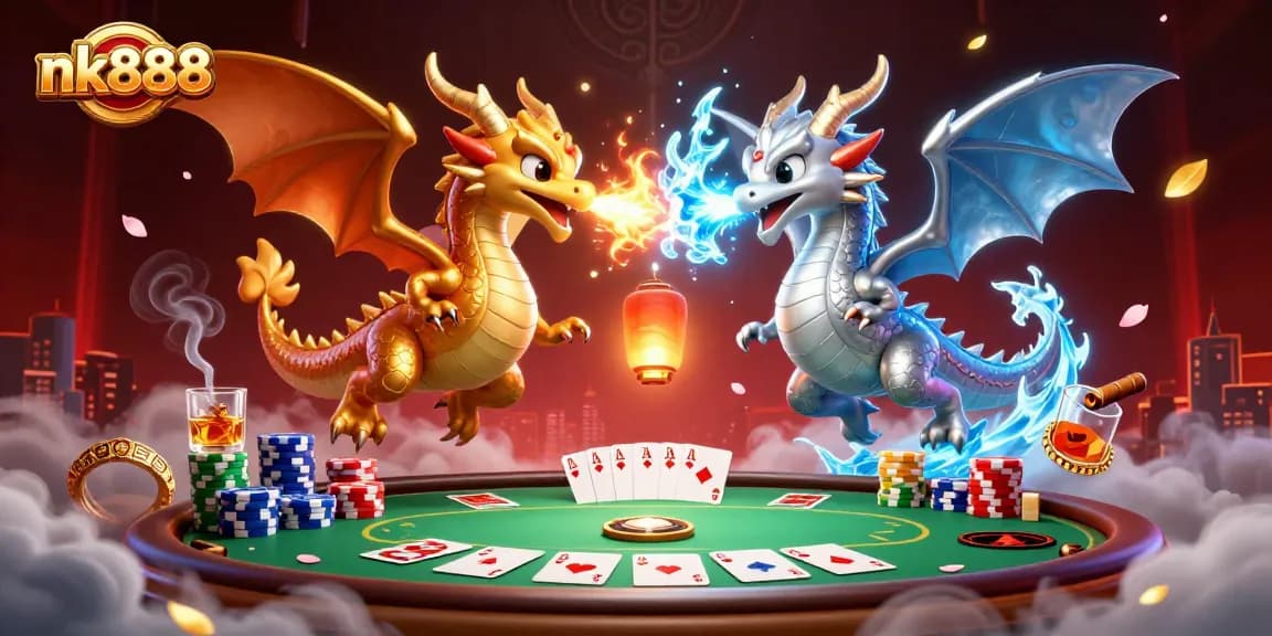 Engage in thrilling gameplay with nk888, featuring dynamic dragons and poker elements in a vibrant casino scene.