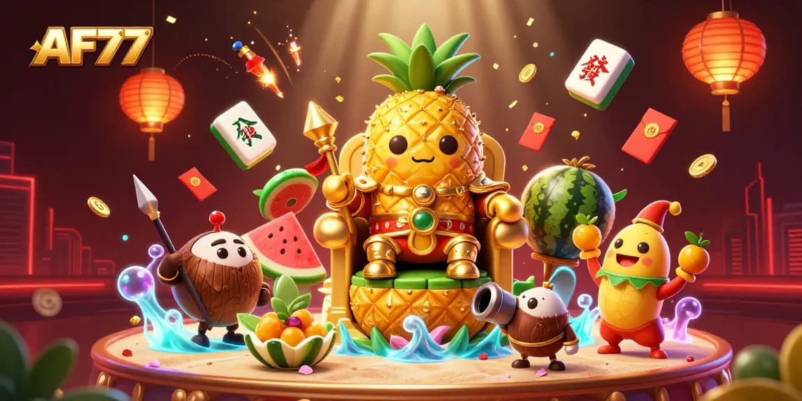 Experience the thrill of betting with AF77 at a vibrant casino scene inspired by tropical elements.