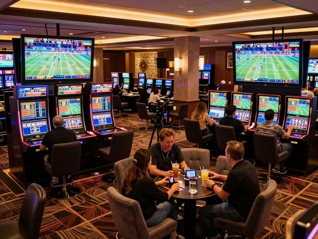 Tip88 players placing bets on live sports screens in an upscale lounge