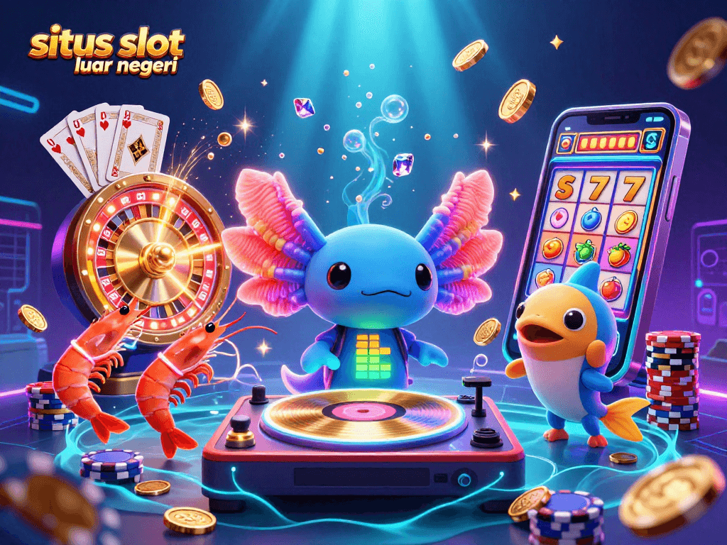 Experience the excitement of situs slot luar negeri with vibrant axolotl DJ, chips, and coins.