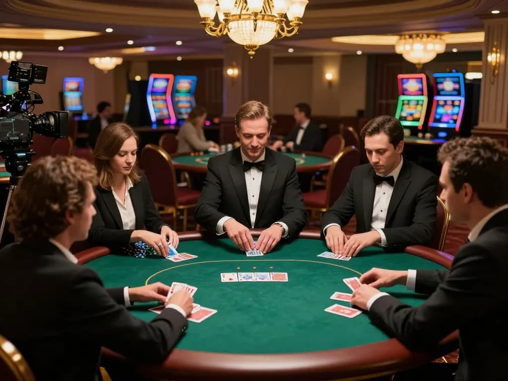 Players enjoying a competitive U888 poker game at an upscale casino table, showcasing dynamic gameplay and atmosphere.