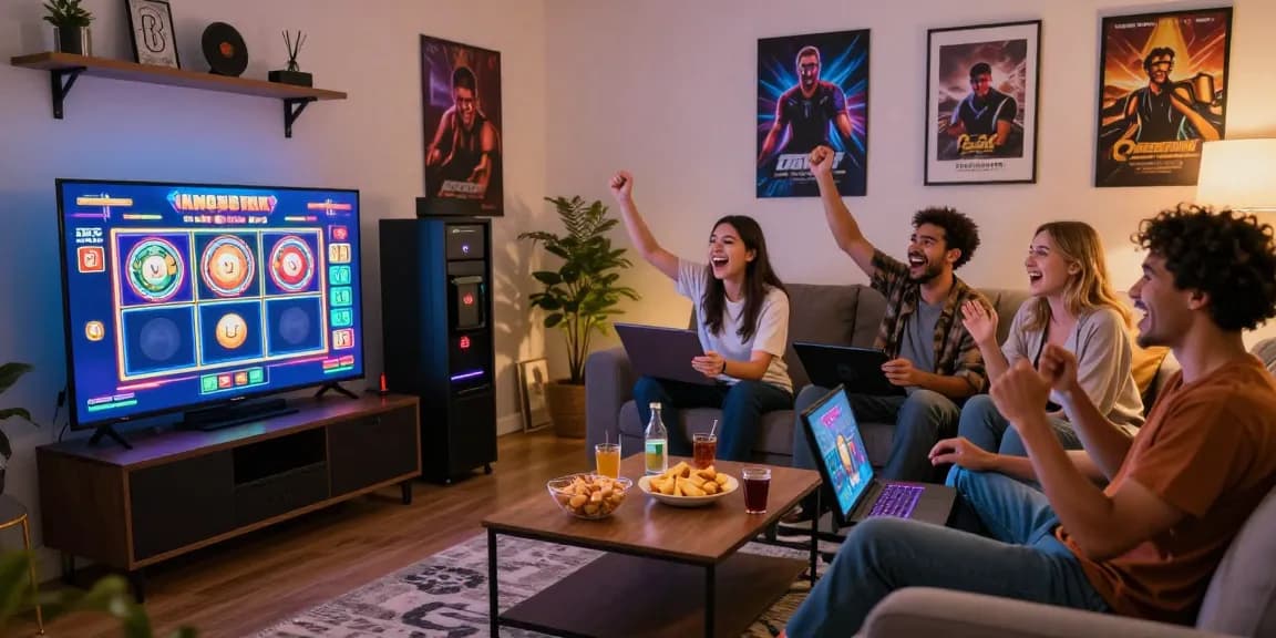 Excited friends enjoying playing online slot games in a lively living room setting.