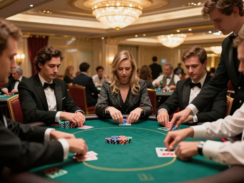 vt88 players engaged in high-stakes poker, showcasing thrill and strategy at an upscale casino table