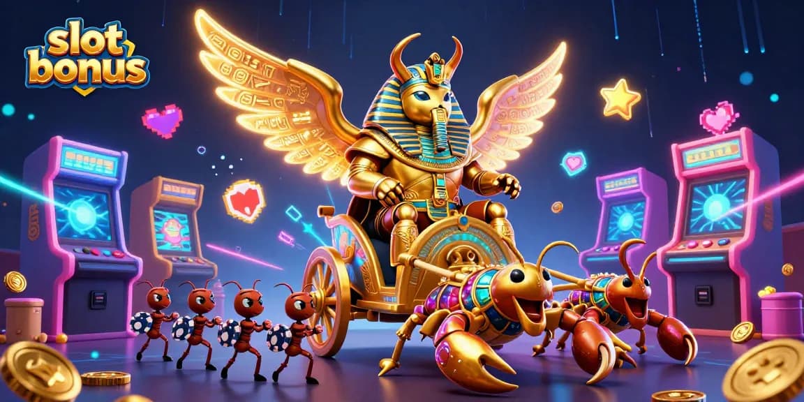 Slot bonus menarik dengan ilustrasi kartun 3D penuh warna dan elemen kasino.