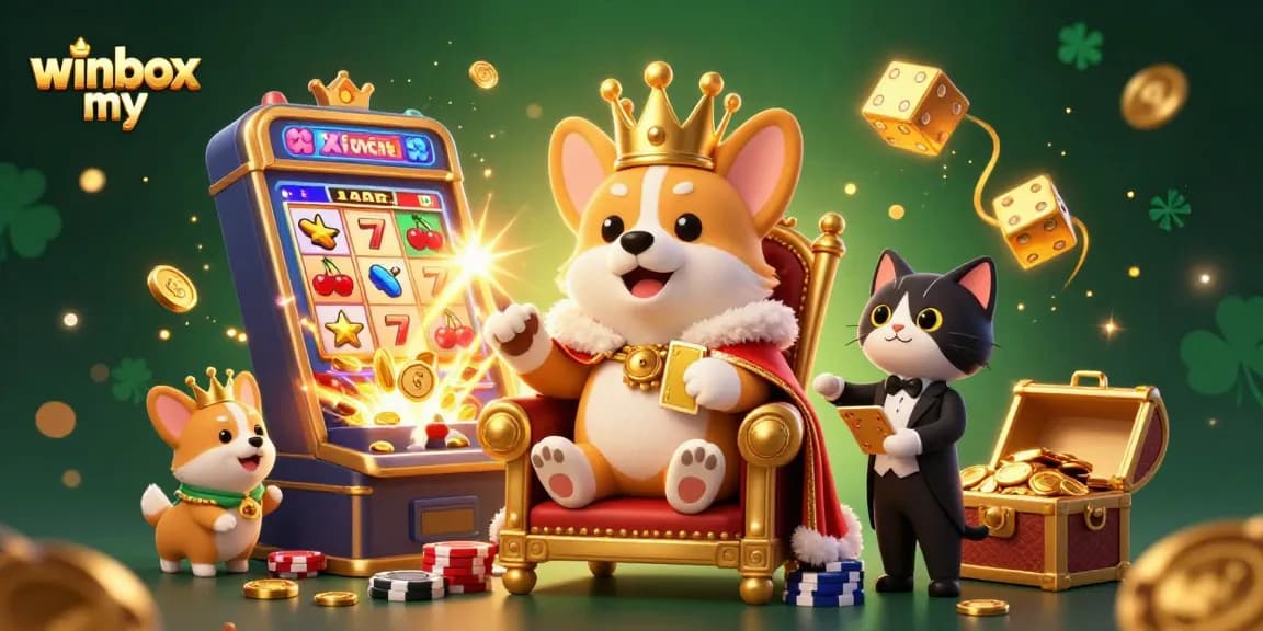 Experience winbox my's festive jackpot scene filled with vibrant casino elements and animated characters.