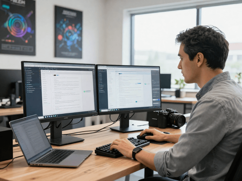 Developer utilizing an ai image detector for content moderation in a tech office