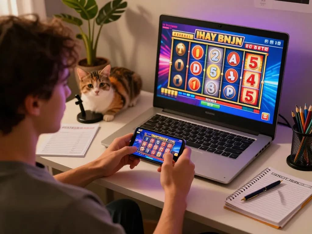 Person playing 388bet on a smartphone while sitting at a cozy desk, showcasing mobile gaming.