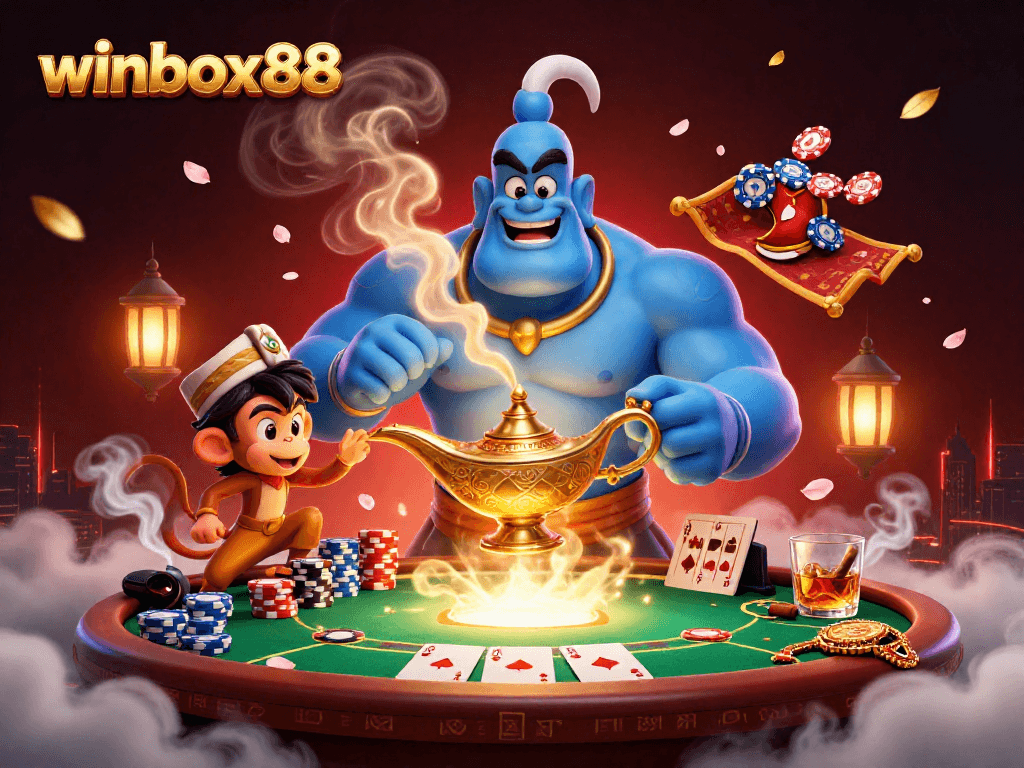 Engage with winbox88 in a vibrant 3D casino scene featuring a magical genie, poker elements, and a rich atmosphere.