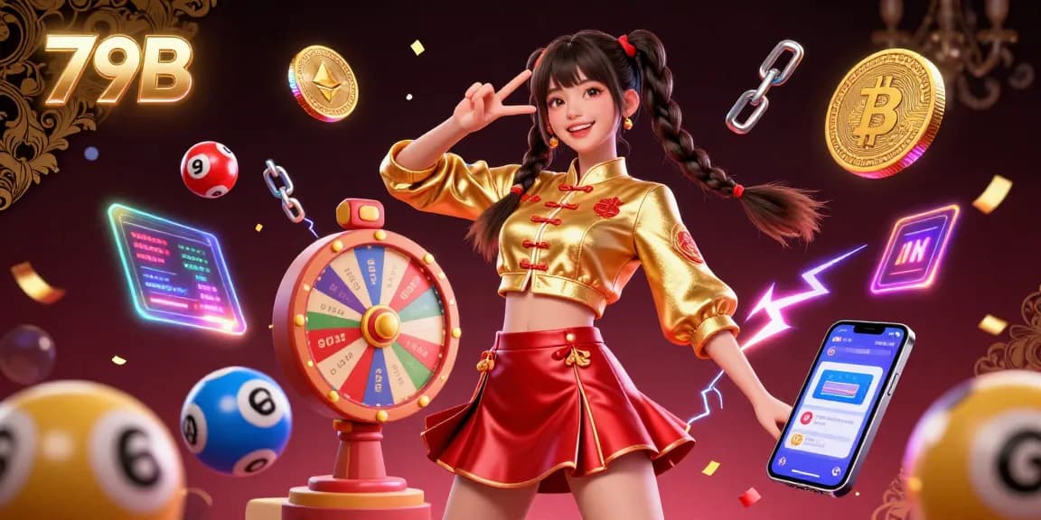 Play lottery and win big with 79B, featuring vibrant 3D elements and energetic character.