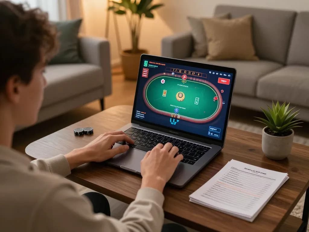 Engaged player enjoying vk88 poker game on laptop in stylish home setup.