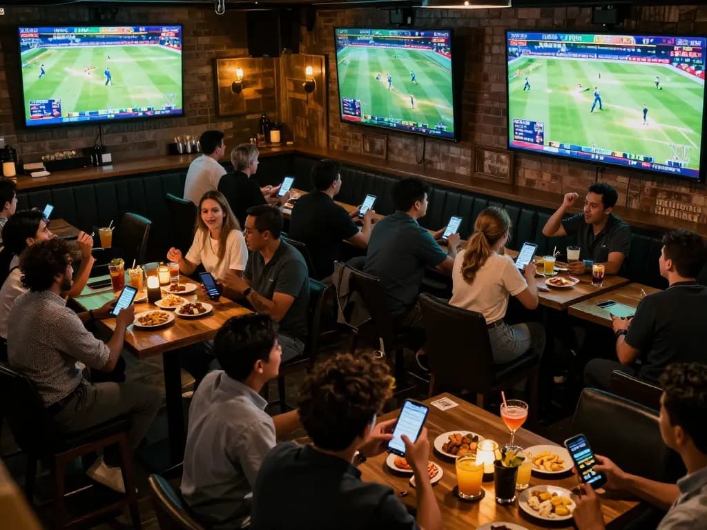 Fans enjoying live cricket on Crickex app while cheering in a vibrant sports bar environment