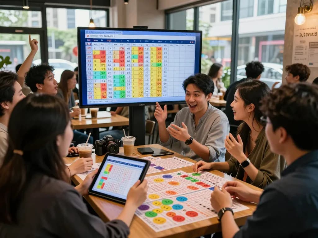 Group celebrating and tracking Data HK results in a lively café atmosphere.