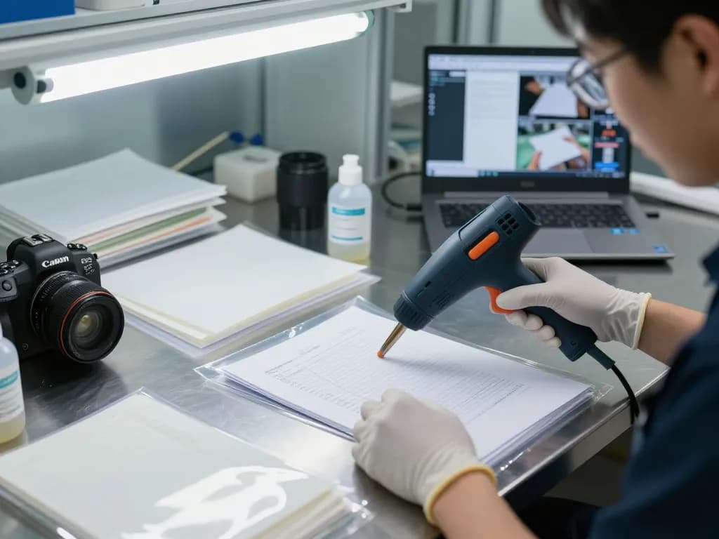Cách bóc giấy ép không rách giấy in a modern workspace, technician removing plastic lamination safely.