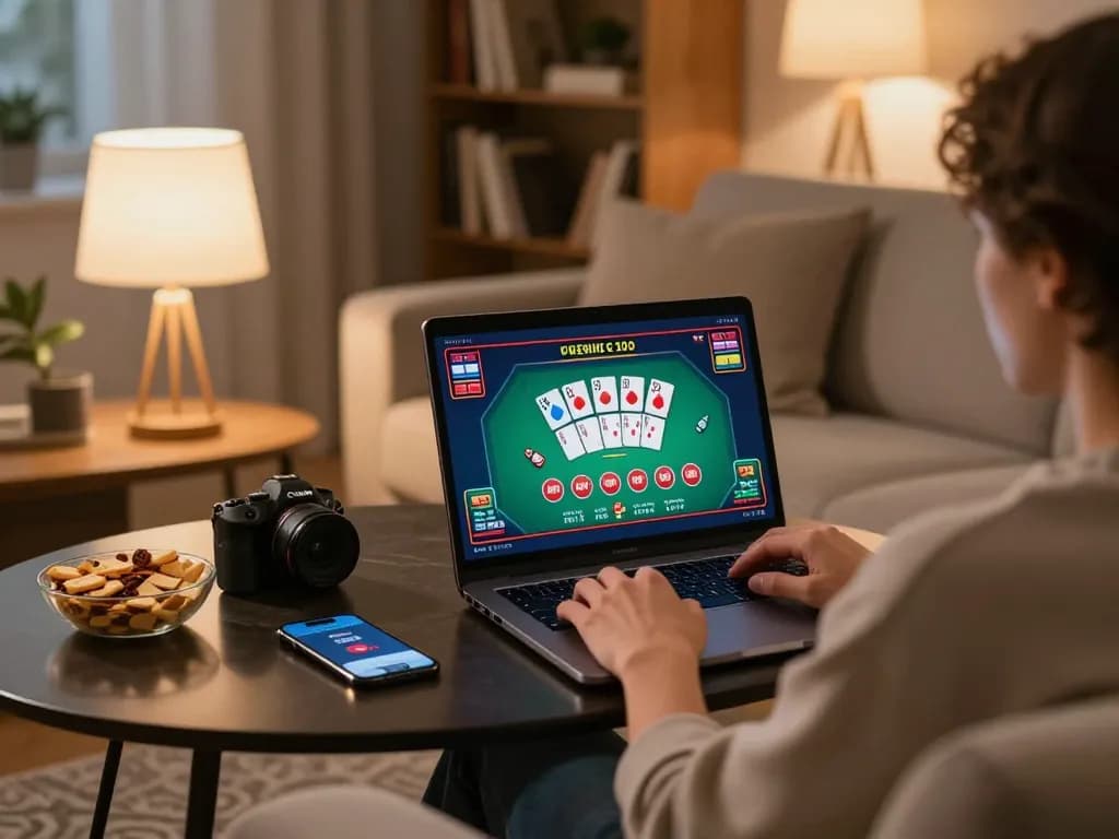 Engaged player using the 888now app for online casino gaming in a cozy home setting.