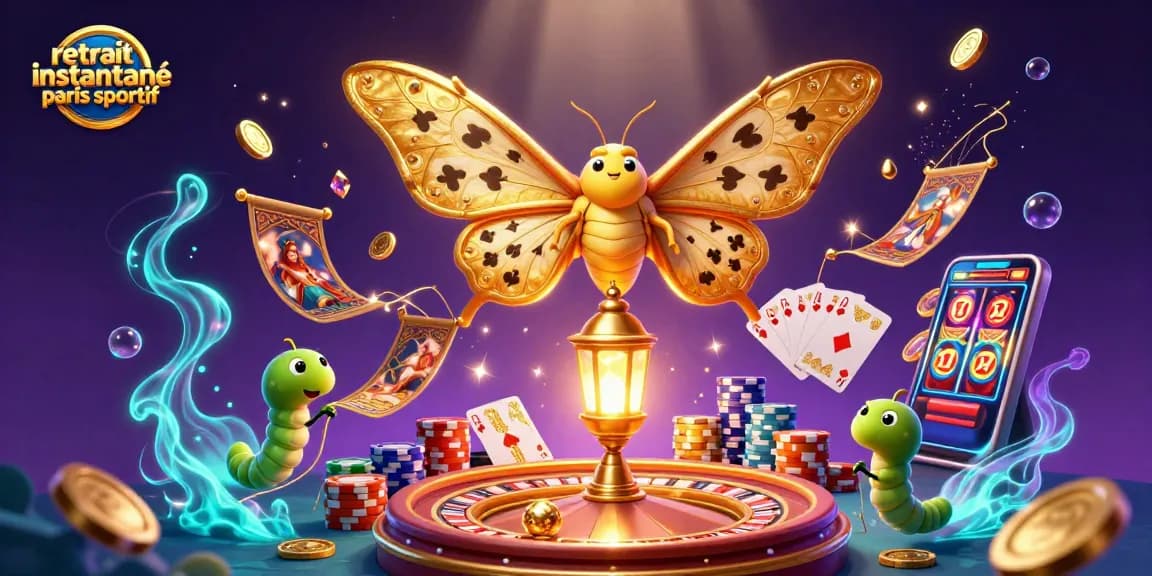 Retrait instantané paris sportif avec un papillon géant et des éléments de casino scintillants.