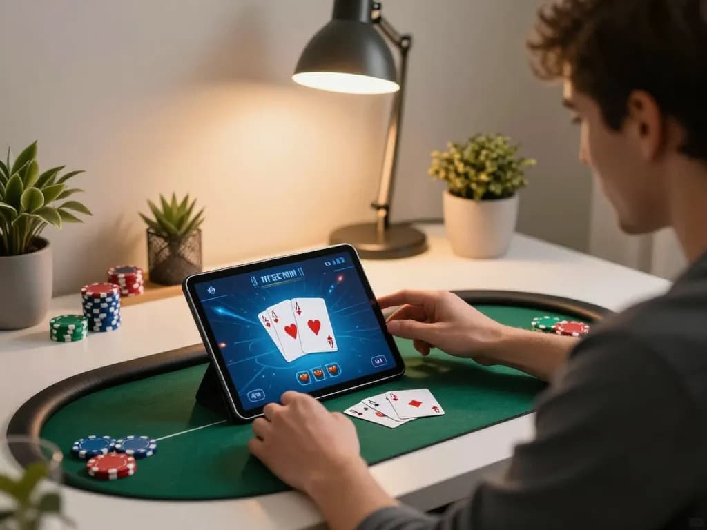 Sky88 player enjoying an online poker game on tablet with strategic focus.