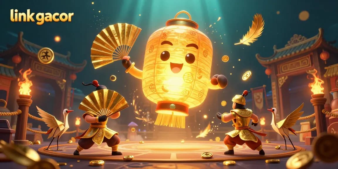 Engage with link gacor in an enchanting casino scene featuring golden lantern spirits and warriors.