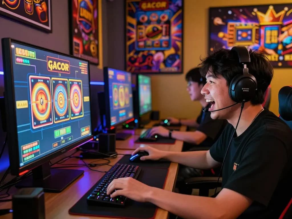 Engaged player enjoying slot gacor gameplay with gaming setup and colorful LED lights.