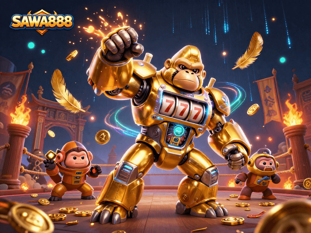 SAWA888 showcases an exciting gaming atmosphere with a golden gorilla mech amidst vibrant casino elements.