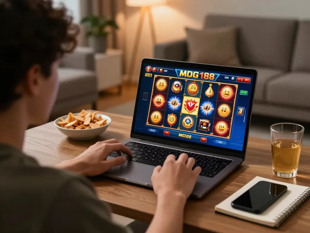 Engaging gameplay on mdg188 slot games in a cozy home environment with excited player.