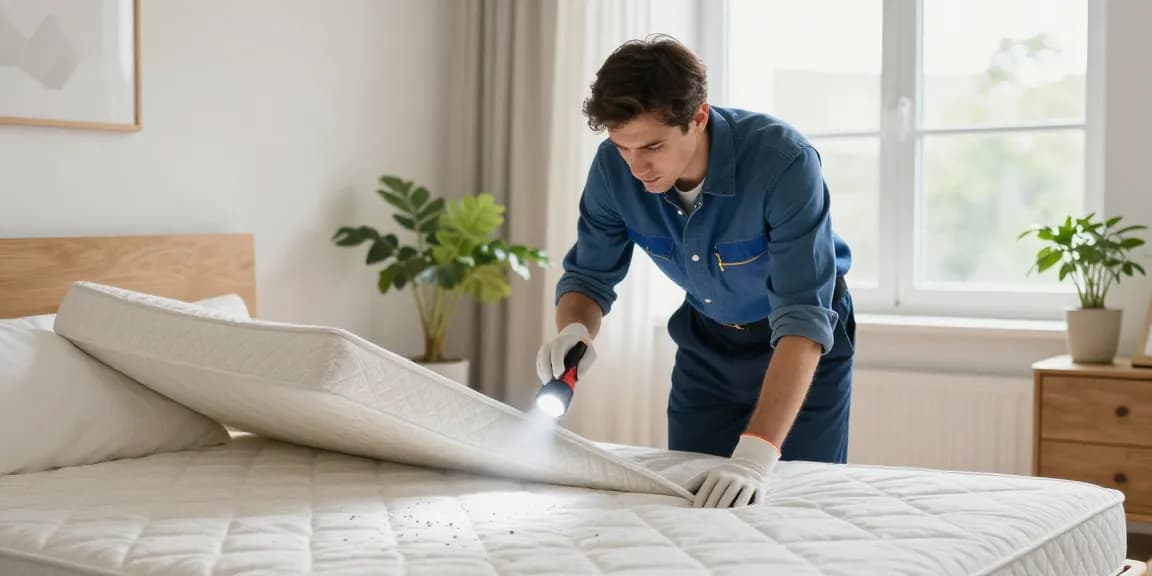 Exterminator conducting bed bug pest control inspection in a bright bedroom, ensuring a thorough and safe process.