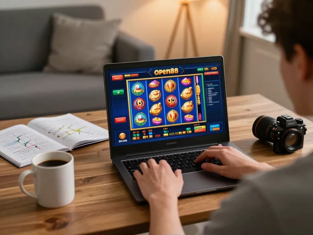 Open88 player navigating exciting online slot games in a cozy home setting