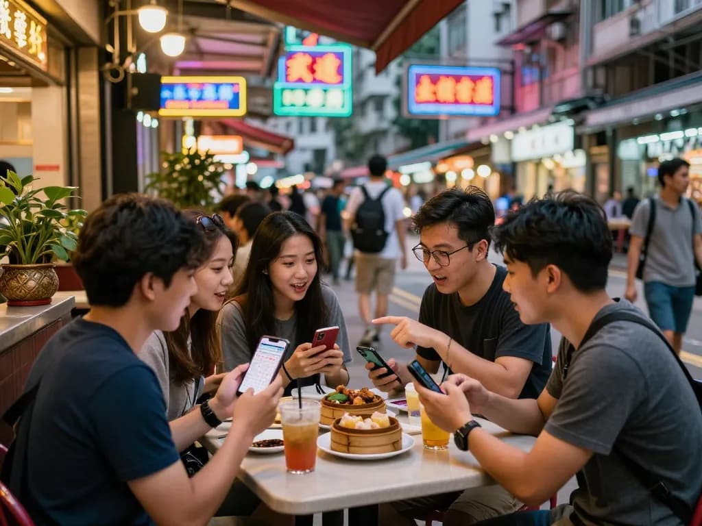 Friends enjoying dinner while discussing the latest Data HK lottery results at a Hong Kong café.