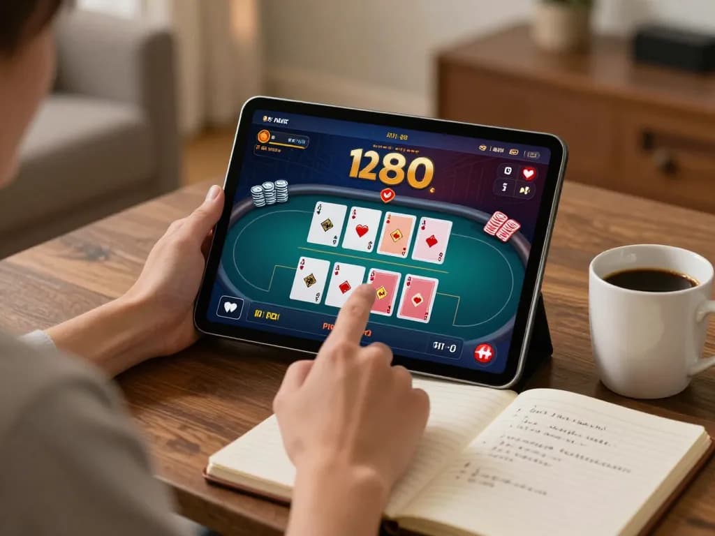 Playing Poker Uang Asli Dominobet on a tablet in a cozy home setting with strategic notes