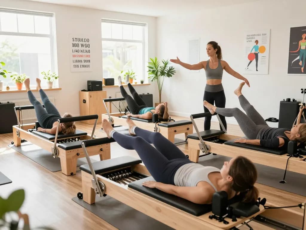 Zen Place Pilatesスタジオでの魅力的なリフォーマーピラティスクラス、活気に満ちた招待的なコミュニティの雰囲気を紹介。