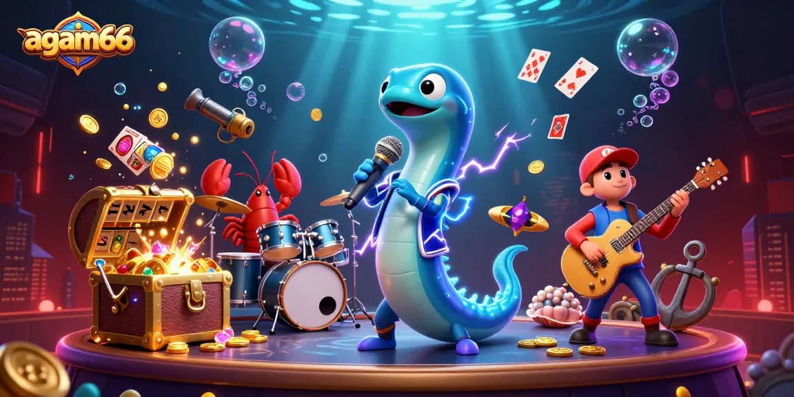 Experience thrilling wins with agam66 at an underwater casino scene featuring a DJ electric eel.