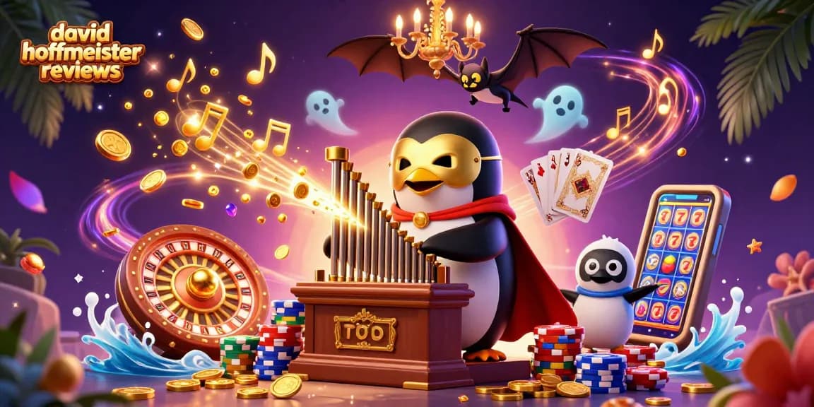 Experience david hoffmeister reviews with a vibrant 3D casino scene featuring golden coins and slot machines.