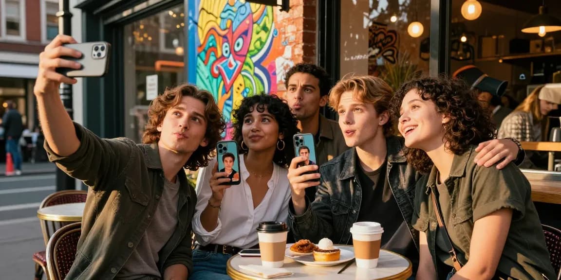 People comparing their look alikes of famous people outside a café using a smartphone app.