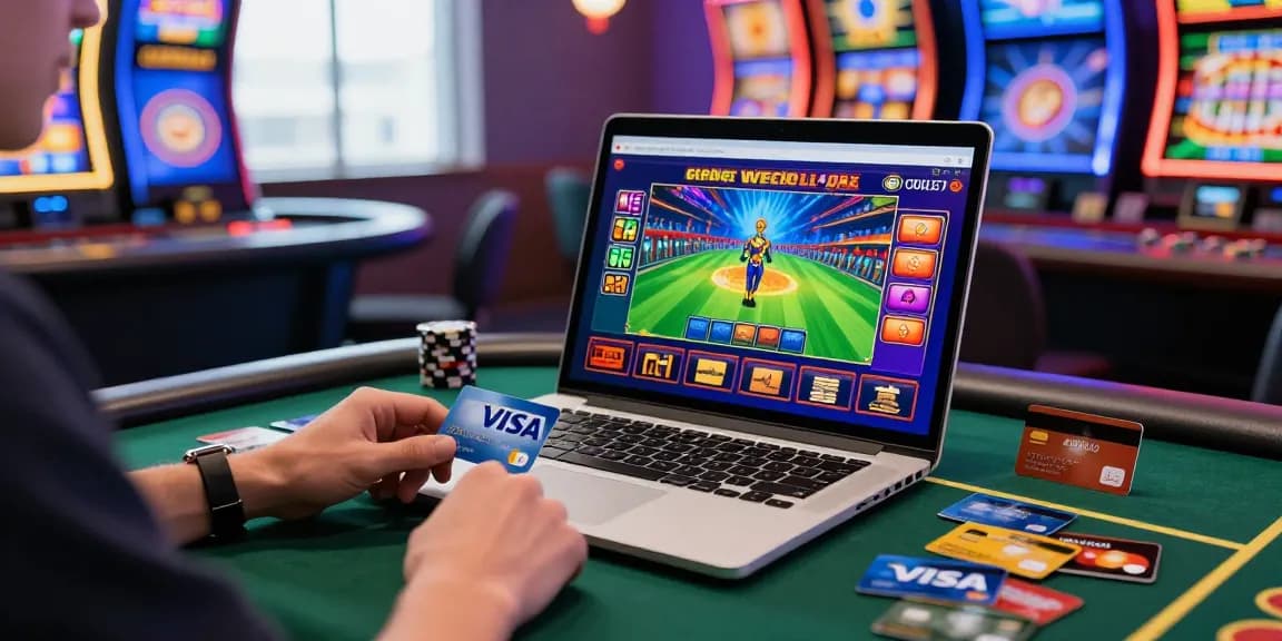 Exciting display of credit card casinos with a player depositing funds using Visa and Mastercard, showcasing vibrant online gaming.