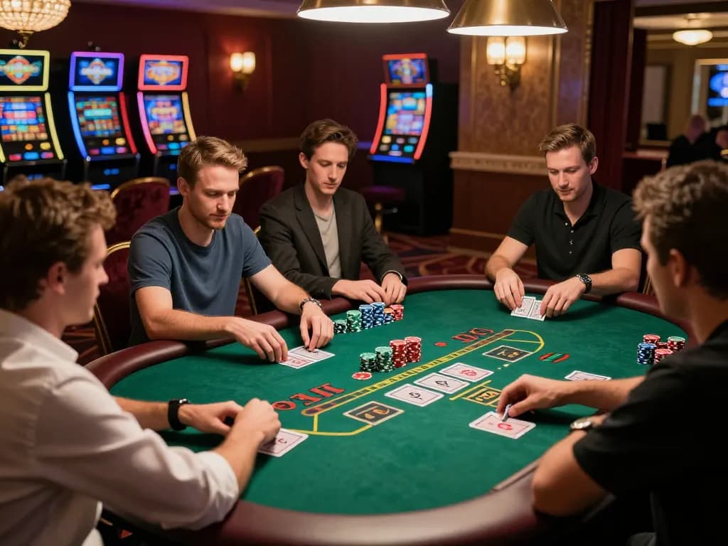 Players enjoying an intense game at casino 566 with colorful chips on the table