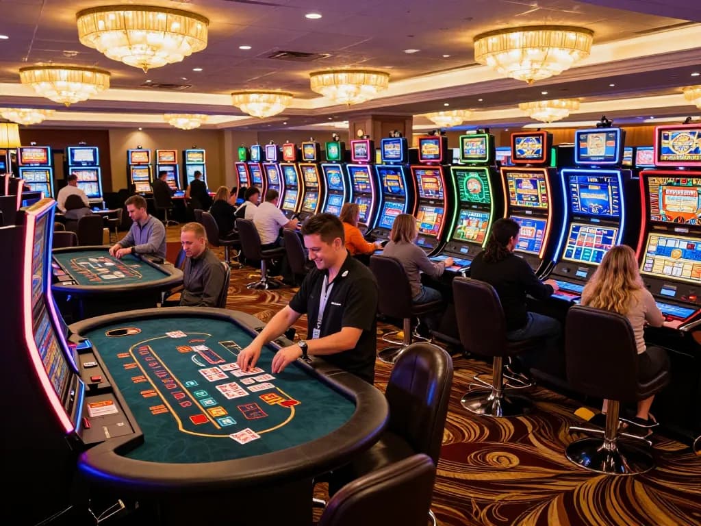 Players enjoying thrilling games at 888top casino floor, vibrant atmosphere and luxurious setting
