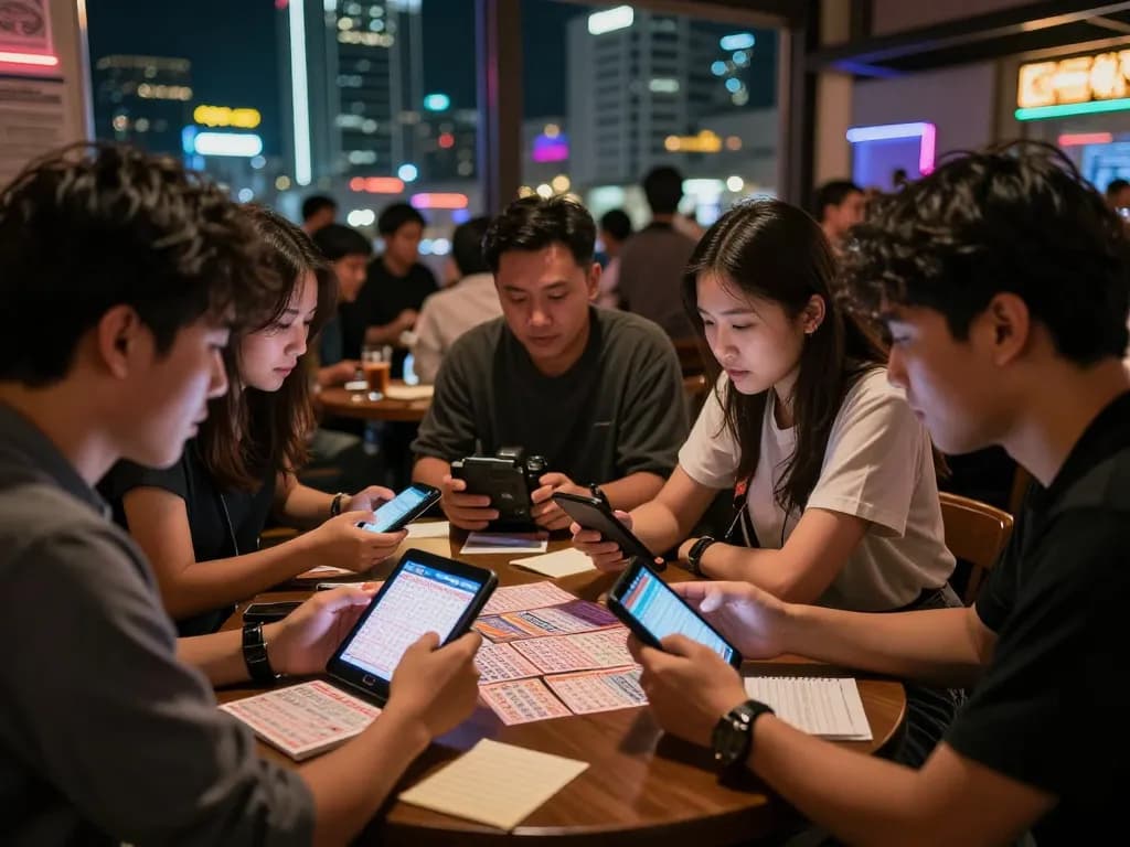 Exciting Togel Hongkong betting night with friends analyzing Data HK results.