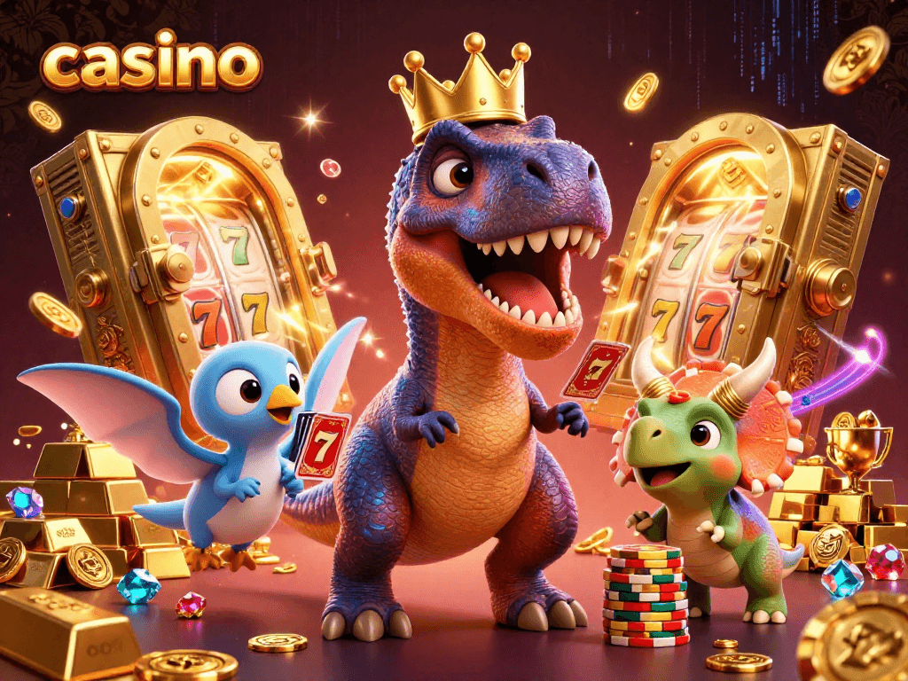 Enter the casino excitement with a T-Rex shuffling cards and treasure all around.