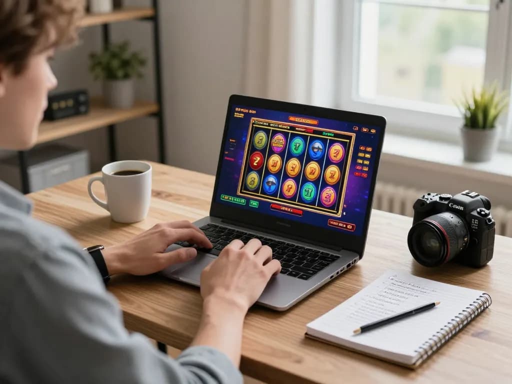 3win player enjoys engaging slot game at home, showcasing strategy notebook and lively interface