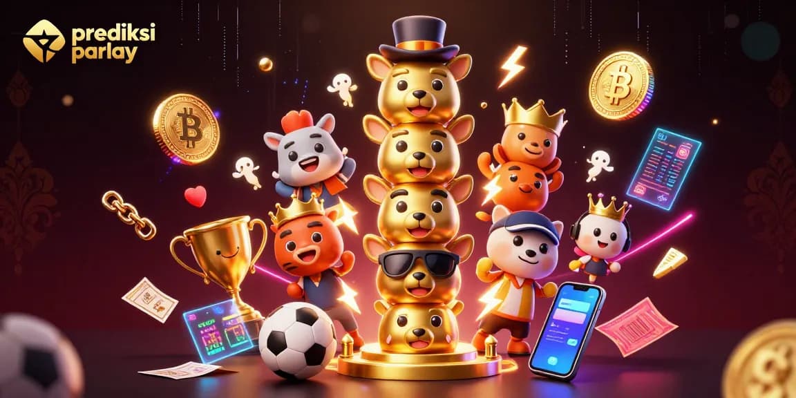 Bet on prediksi parlay with a vibrant 3D totem scene featuring sports elements and digital currency.