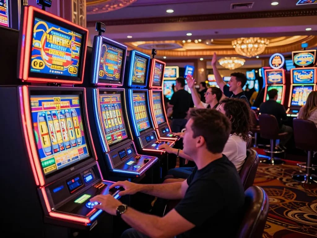 Players enjoying vibrant slot machines action at a casino, showcasing slot77 excitement and celebratory moments.