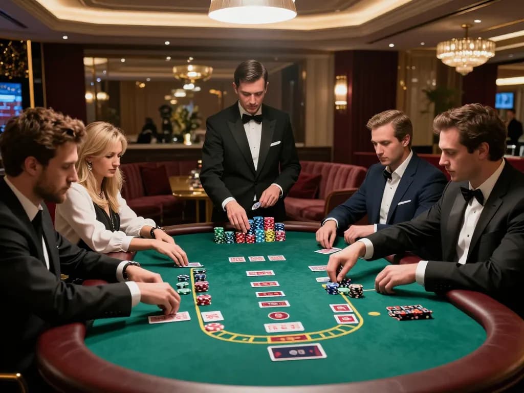 Players strategizing at a 23win blackjack table, chips stacked high in a luxury casino.