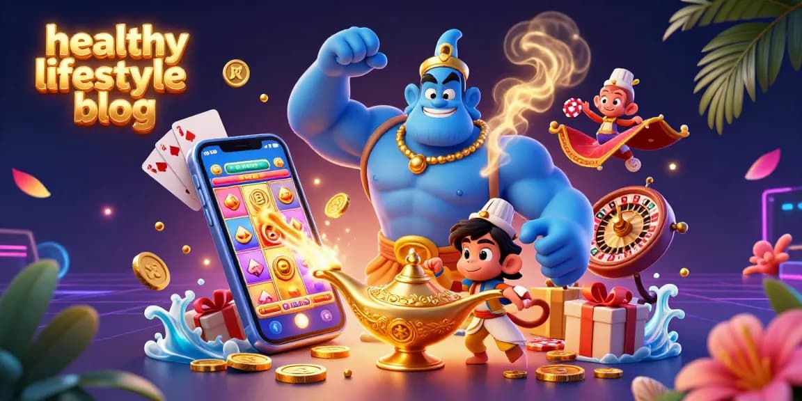 Engage with the dynamic scene of the healthy lifestyle blog featuring a vibrant genie and casino elements.