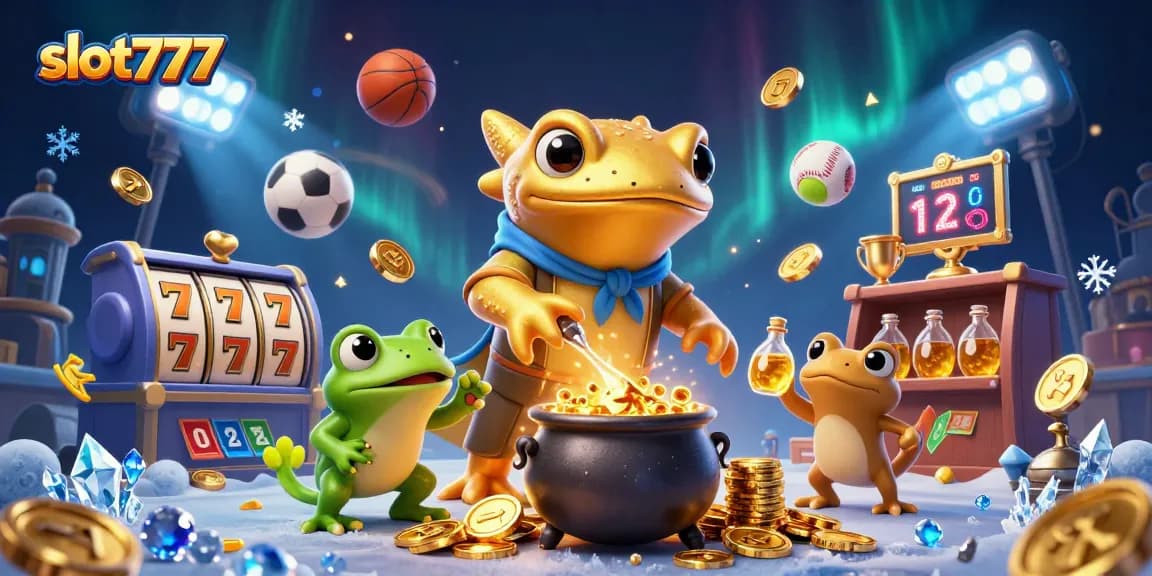 Slot777 menghadirkan ilustrasi kasino yang menarik dengan elemen permainan dan karakter menarik.