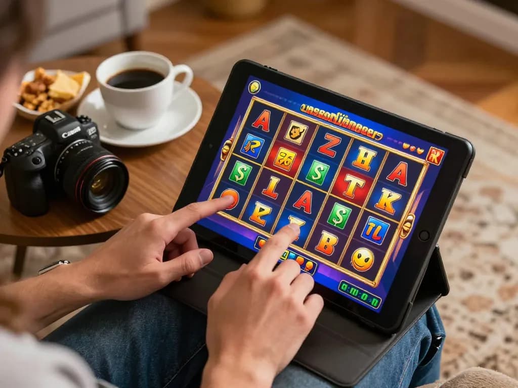 Play engaging situs slot on tablet in a cozy home setup with vibrant graphics and snacks