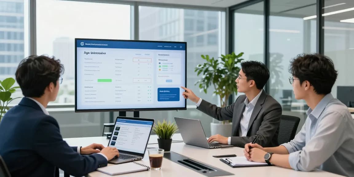 Team collaborating on an age verification system in a modern office.