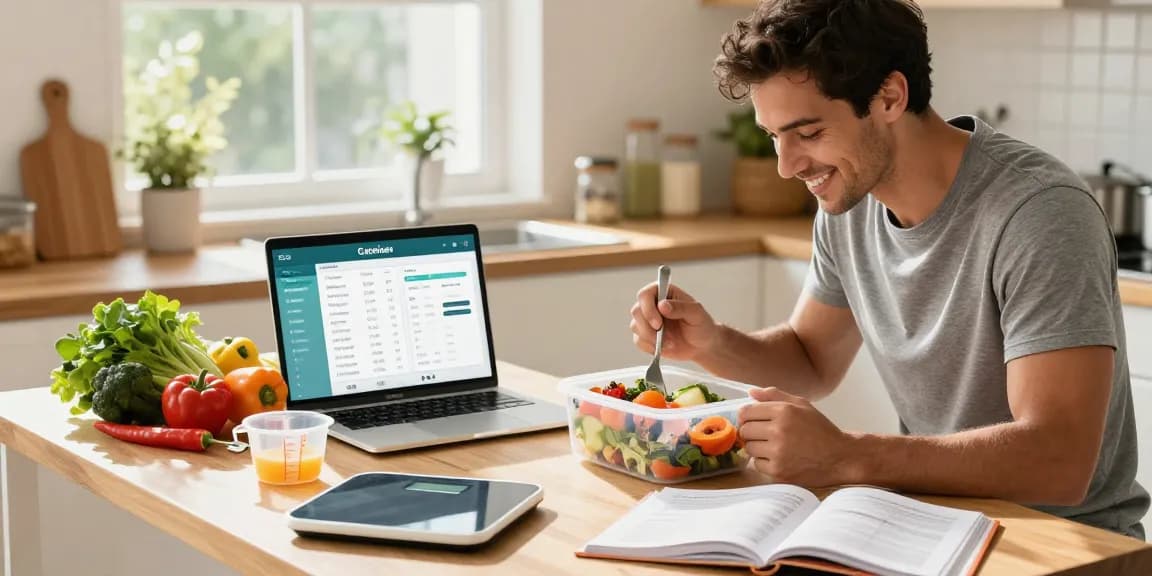 Tracking meals with the best calorie tracking app in a bright kitchen, surrounded by fresh ingredients and nutrition tools.