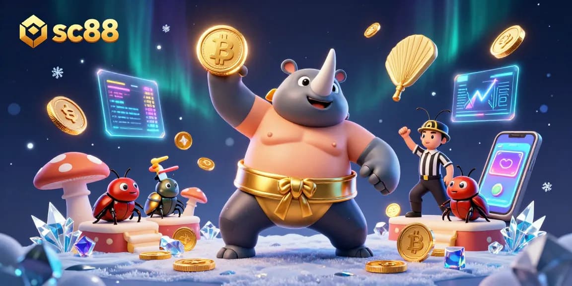 Experience thrilling gameplay at sc88 with dynamic 3D visuals of a sumo beetle champion amidst glowing crypto elements.