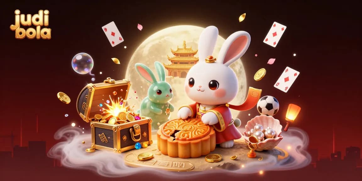 Engage in judi bola excitement as the moon rabbit brings fortune with poker chips in a vibrant 3D scene.