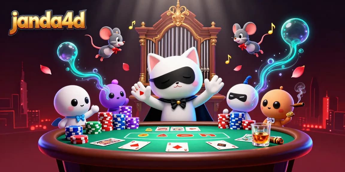 Janda4d menghidupkan suasana kasino dengan kucing putih dan mouse akrobat di tengah permainan kartu.
